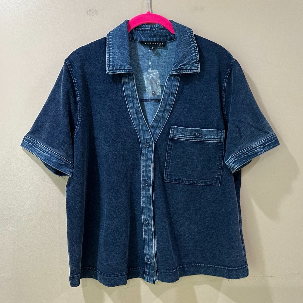 Jane And Delancey Knit Blue Collared Button Up Boxy Top Shirt Womens M NWT
